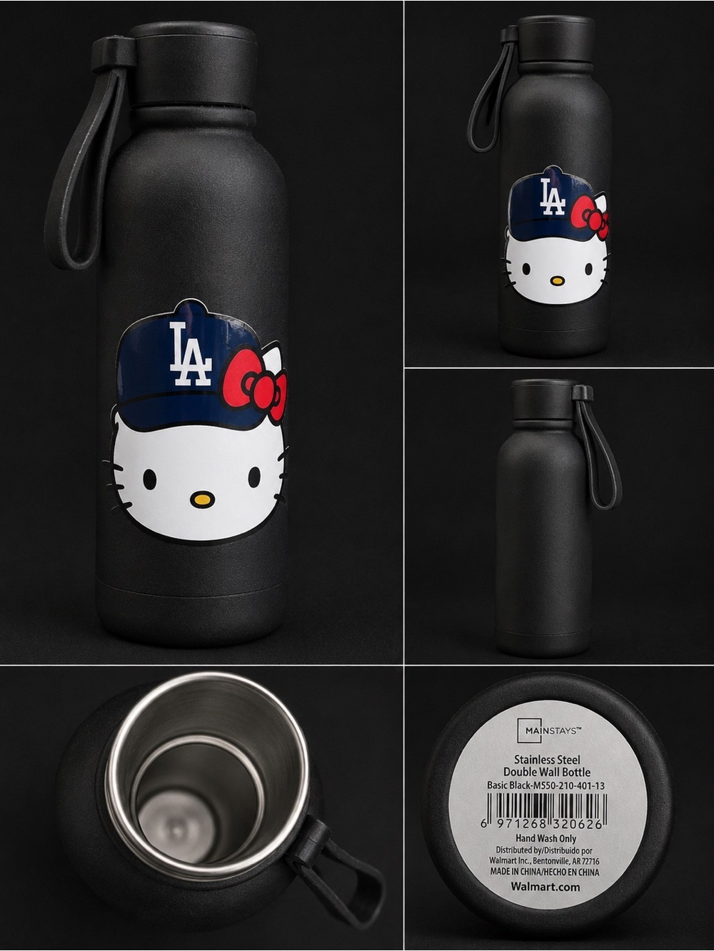 Hello Kitty Black Water Bottle with Blue LA Cap and Red Bow